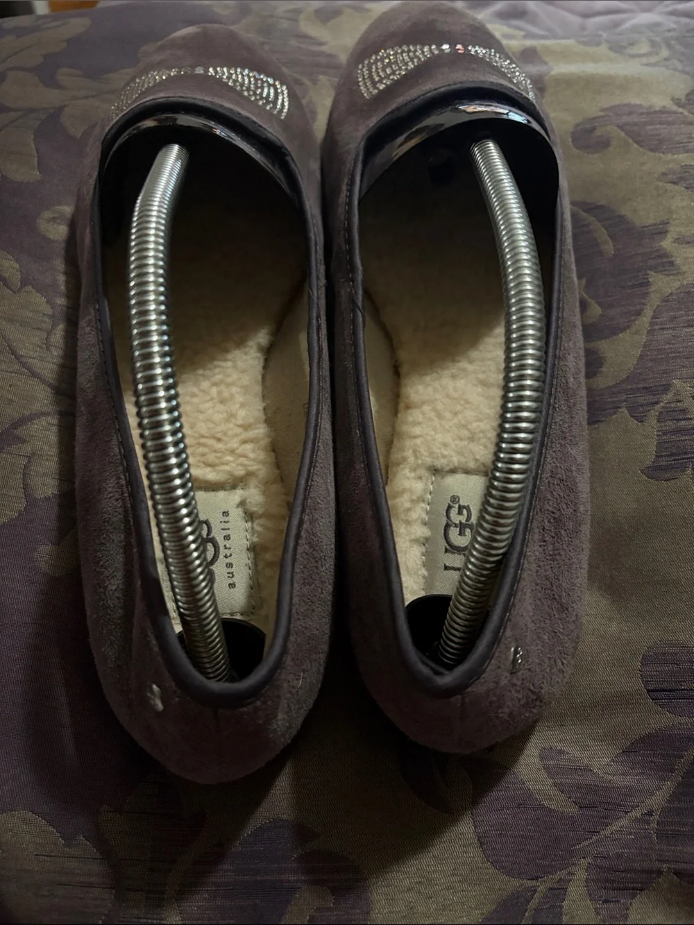 UGG Women's Dark Brown Suede Loafers with Crystal Bow Accent